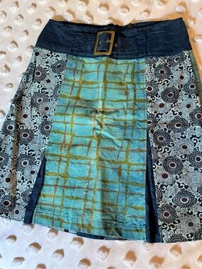 Size 4 /38 Custo Barcelona Blue, Teal and Olive Patchwork A-Line Skirt with Belt